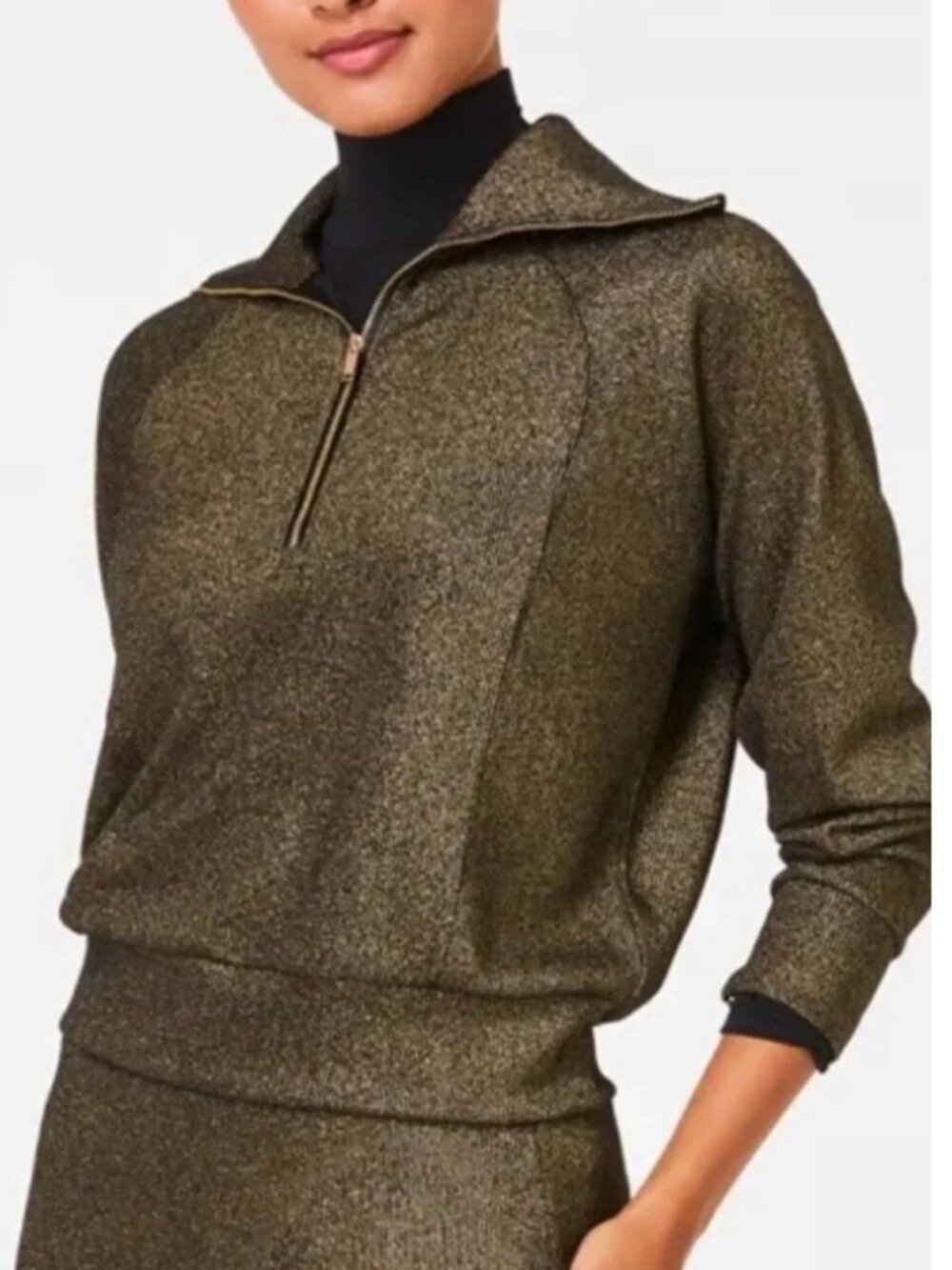 Spanx Air Essentials Half Zip Shine Sweatshirt Black Gold Size XS Shimmer